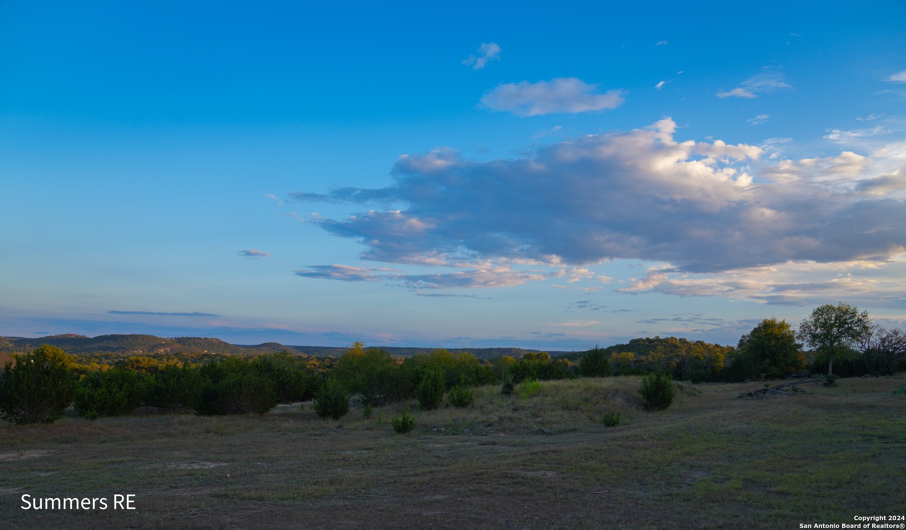 a view of a field with mountains in the background