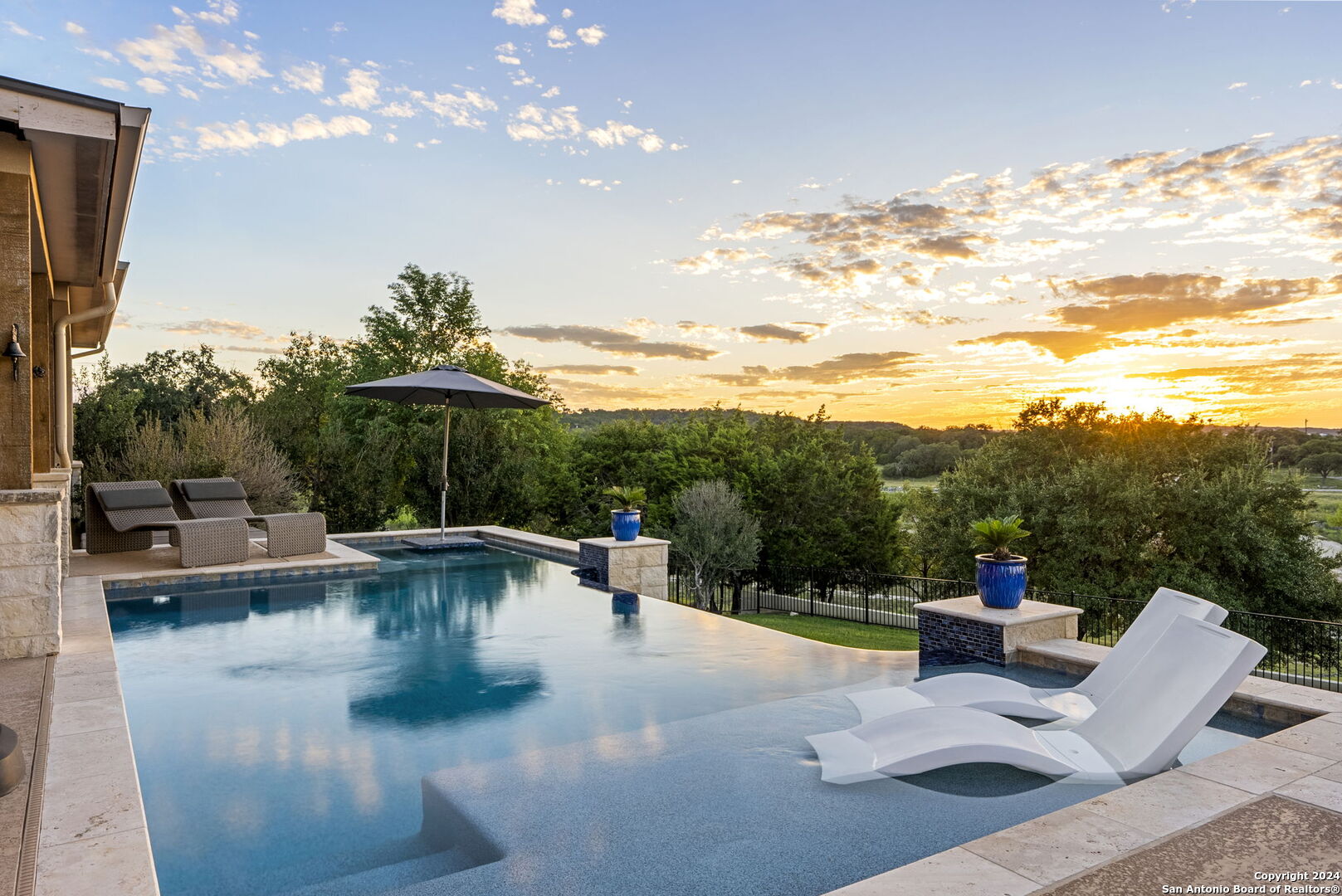 a view of a swimming pool with a patio and a garden