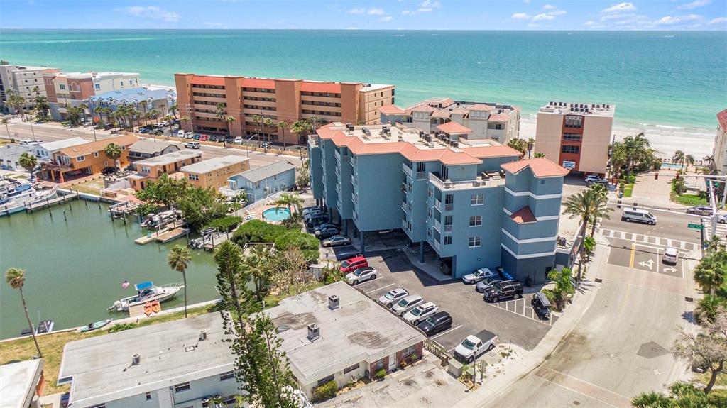 an aerial view of a building with outdoor space