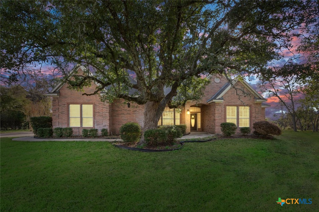 a front view of a house with a garden and trees