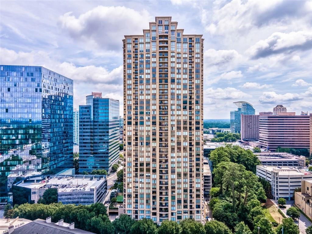 a city view with tall buildings