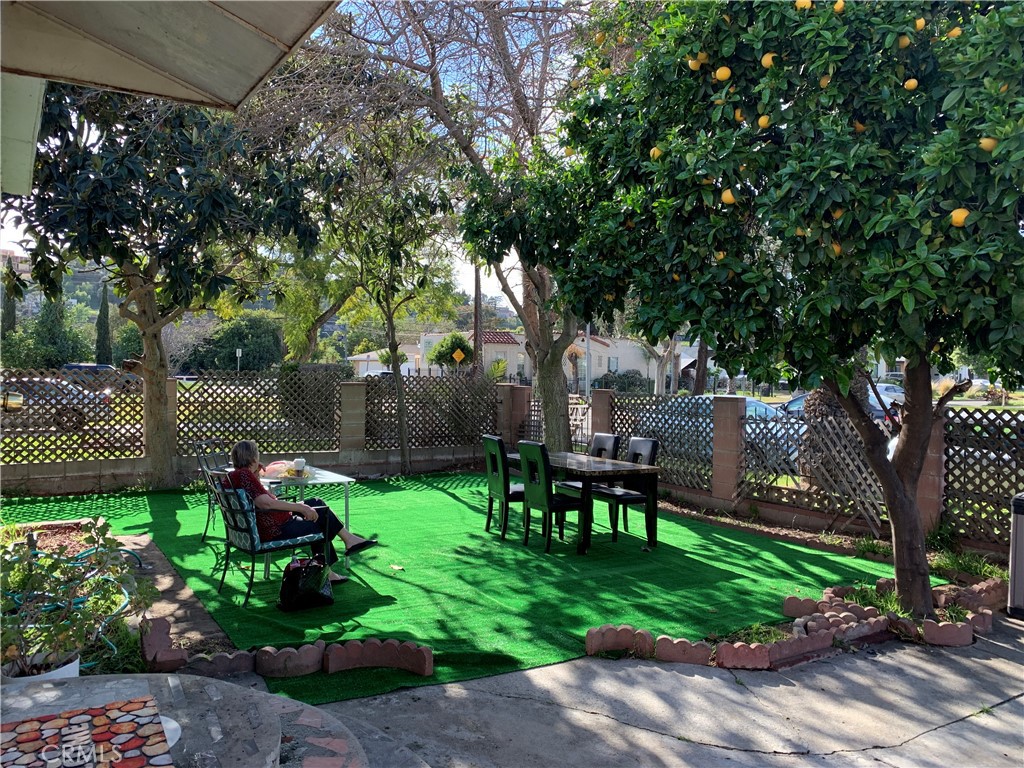 a garden view with a seating space