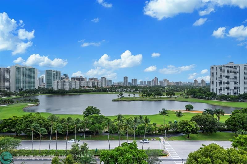 a view of a lake with a city