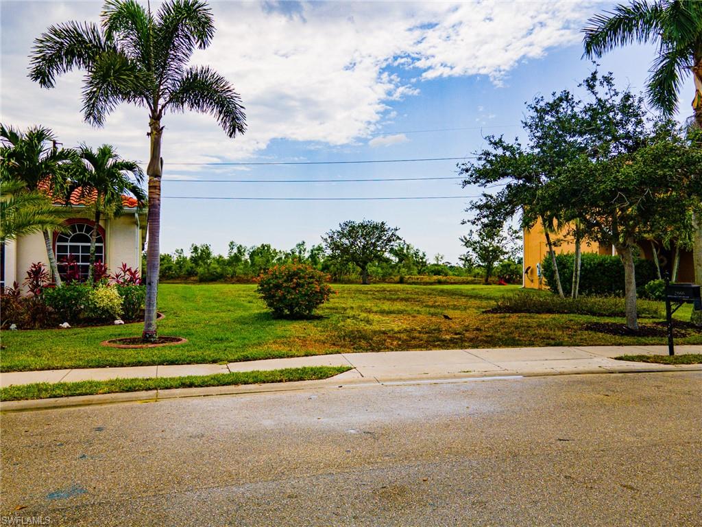 a view of a house with a yard and palm trees