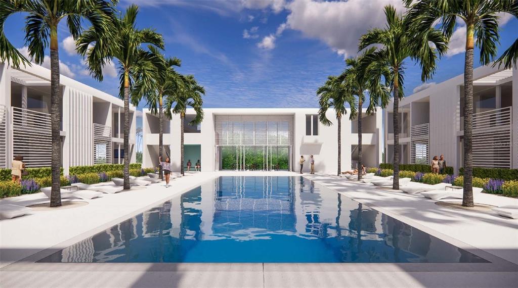 a view of a house with a swimming pool and sitting area