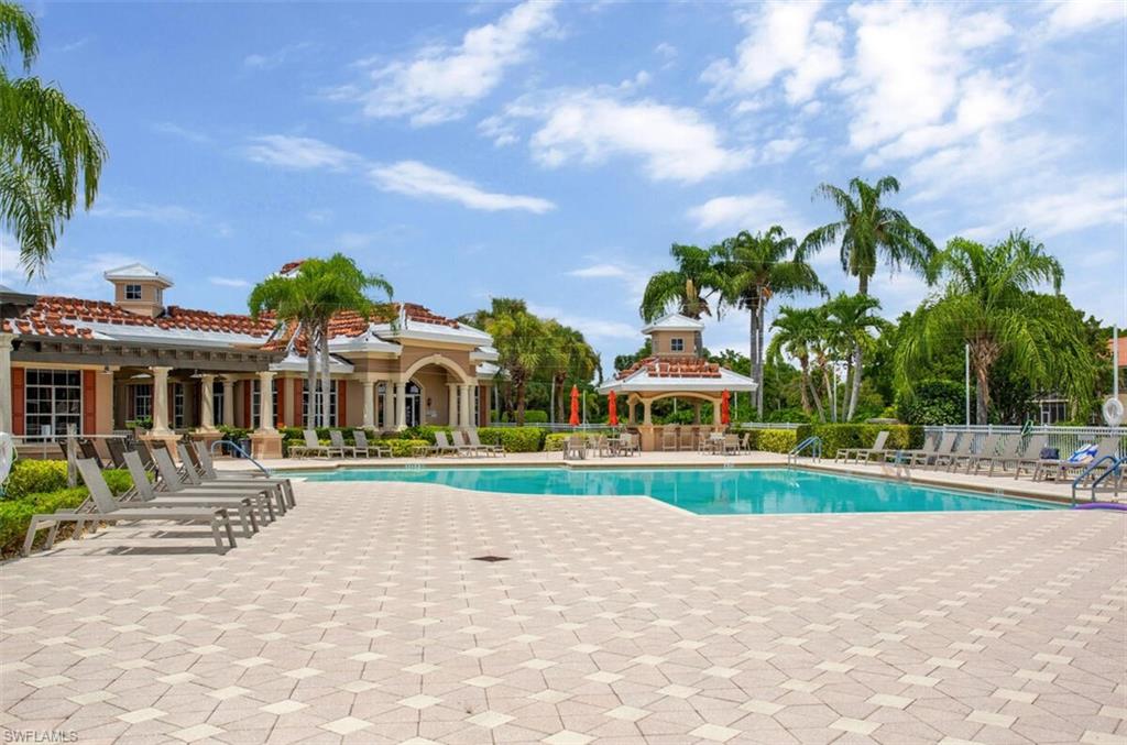 View of pool with a gazebo and a patio area