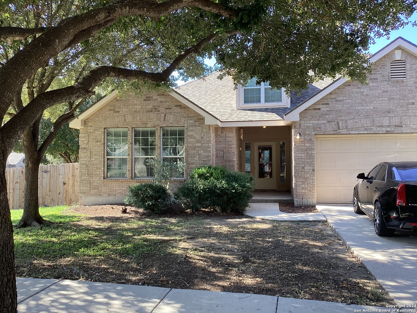 a view of a house with a small yard plants and a large tree