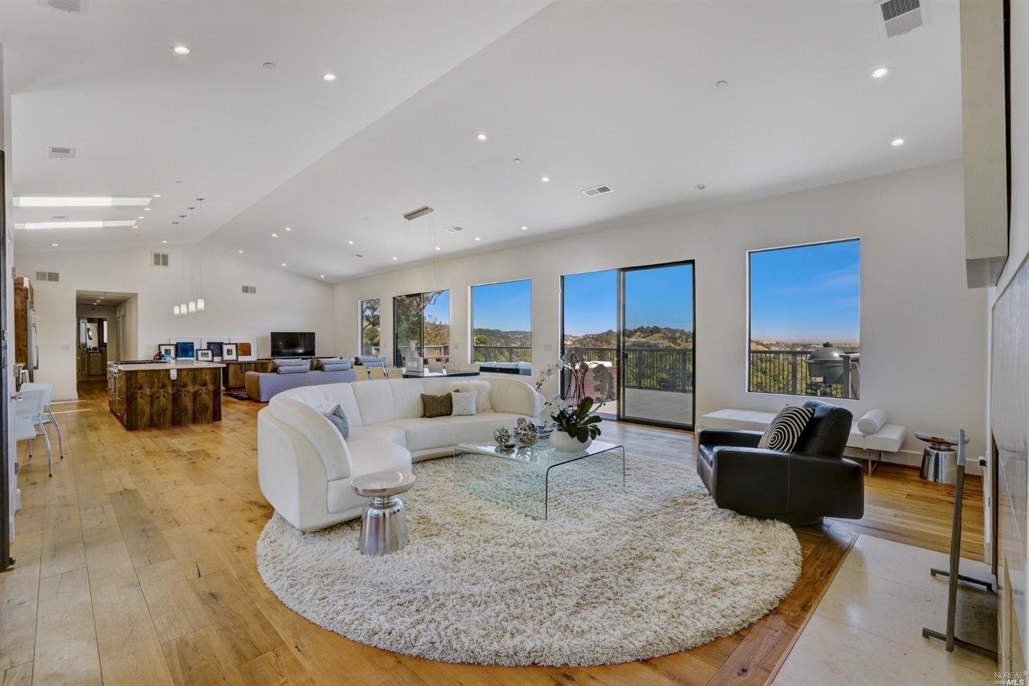 a living room with stainless steel appliances furniture a rug and a kitchen view