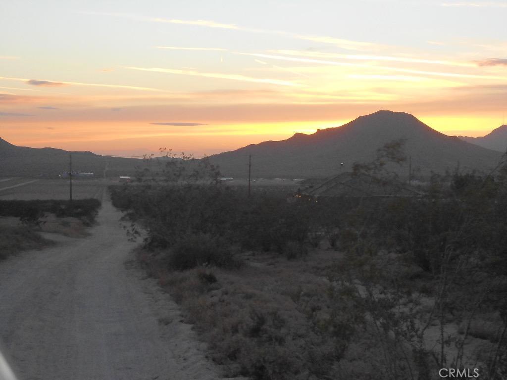 a view of a yard with mountains in the background