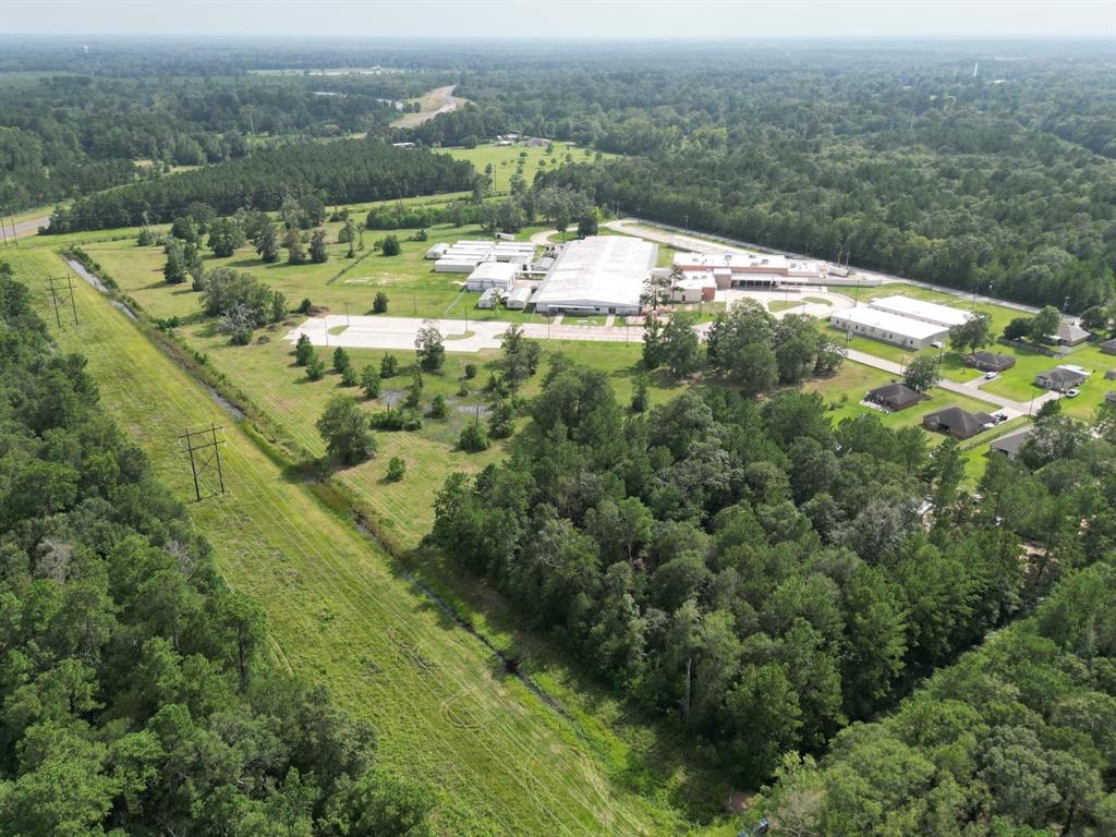 an aerial view of residential houses with outdoor space and trees