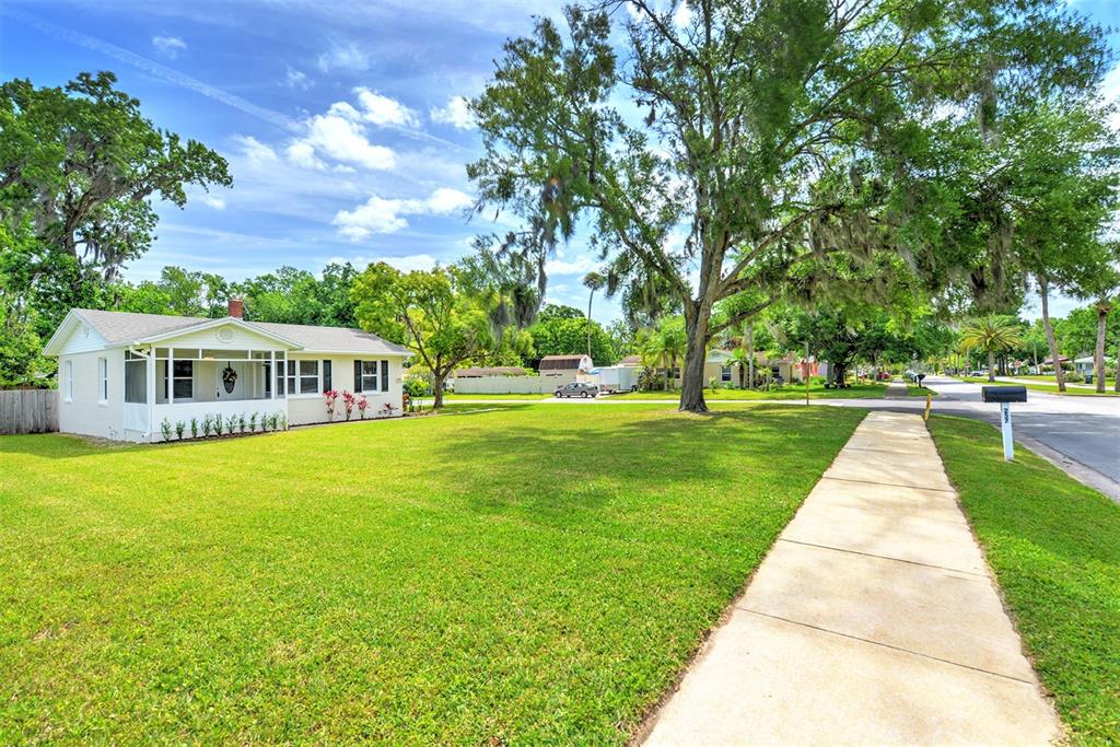 a front view of a house with yard and green space