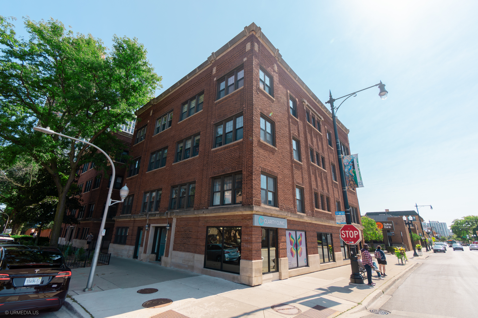 a view of a building with a street