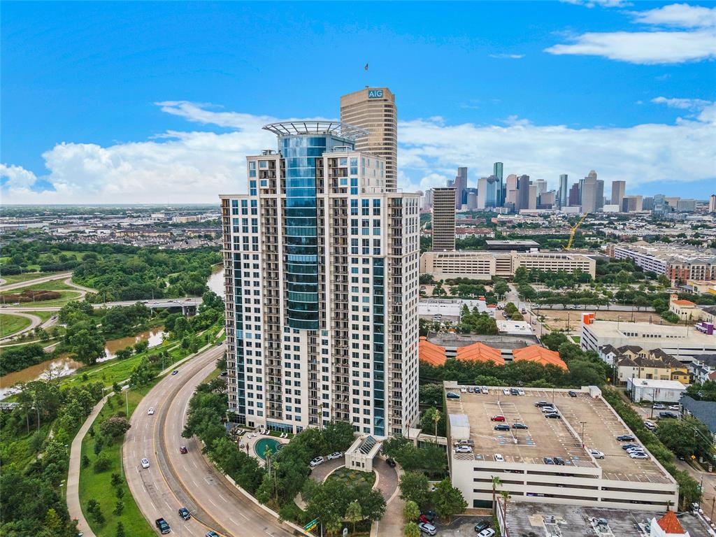 a city view with tall buildings