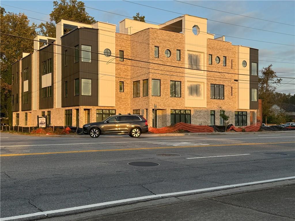 front view of a building with a street