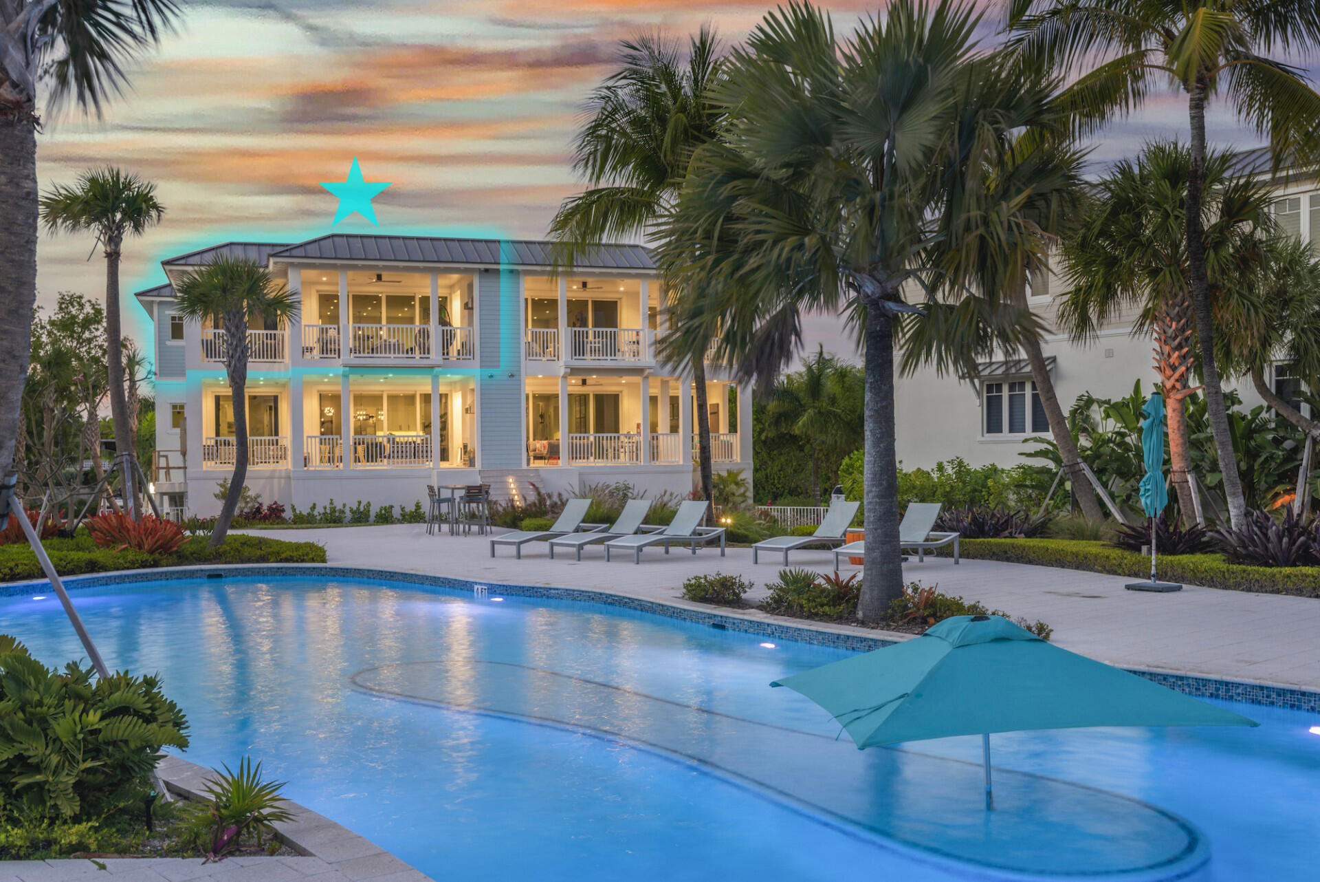 a house with swimming pool and porch