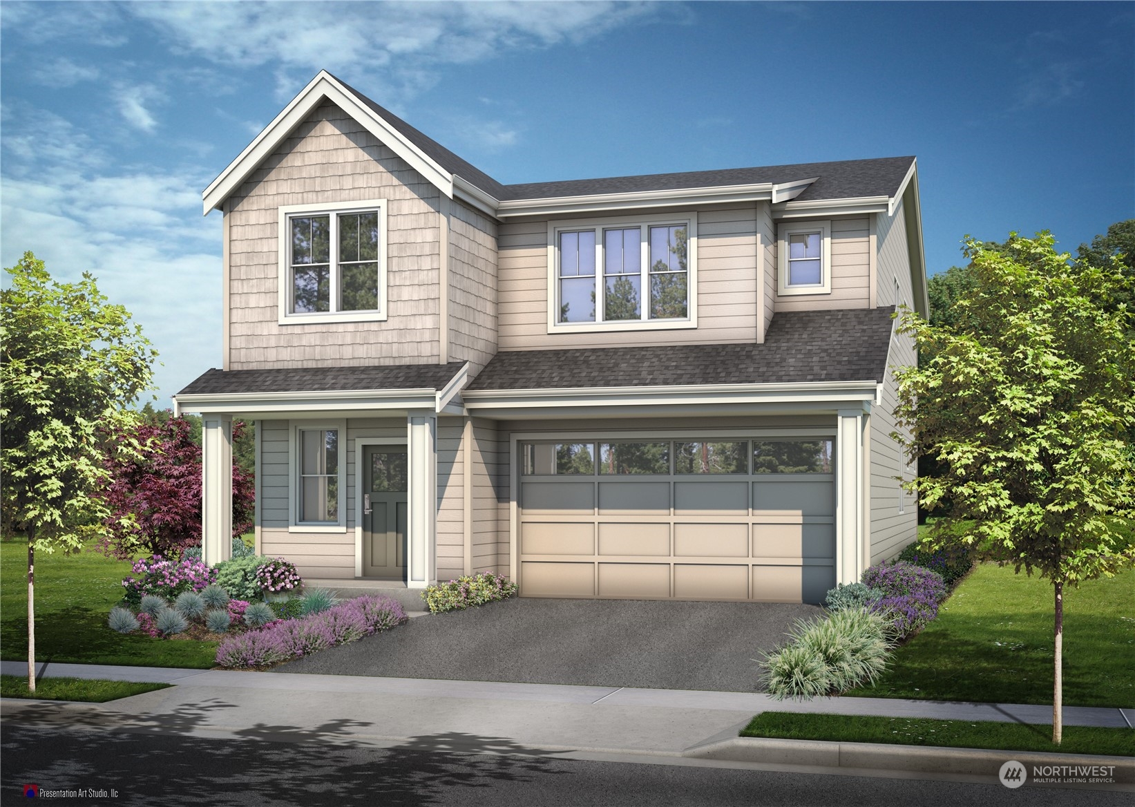 a front view of a house with a yard and garage