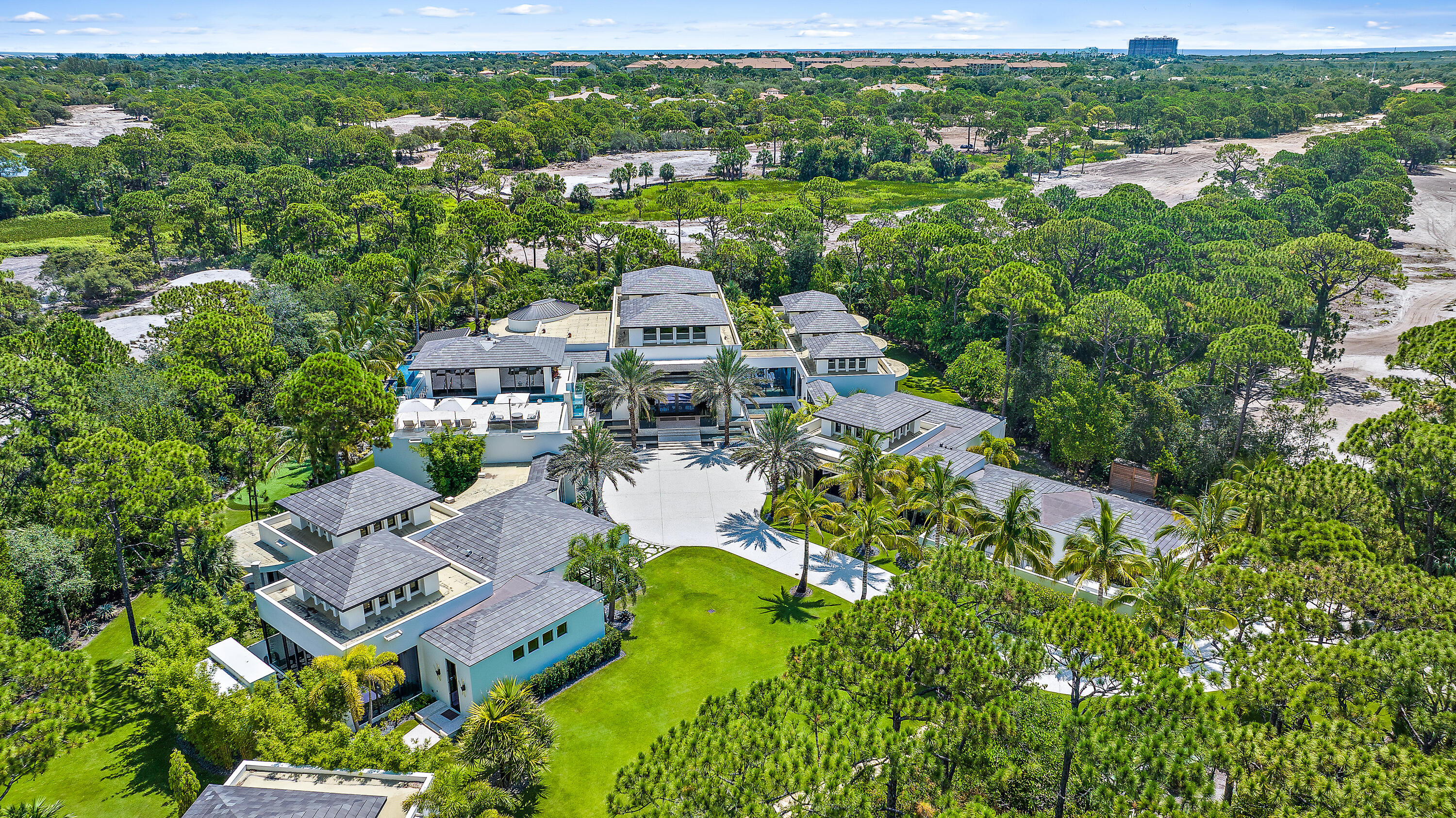 an aerial view of residential houses with outdoor space and trees all around