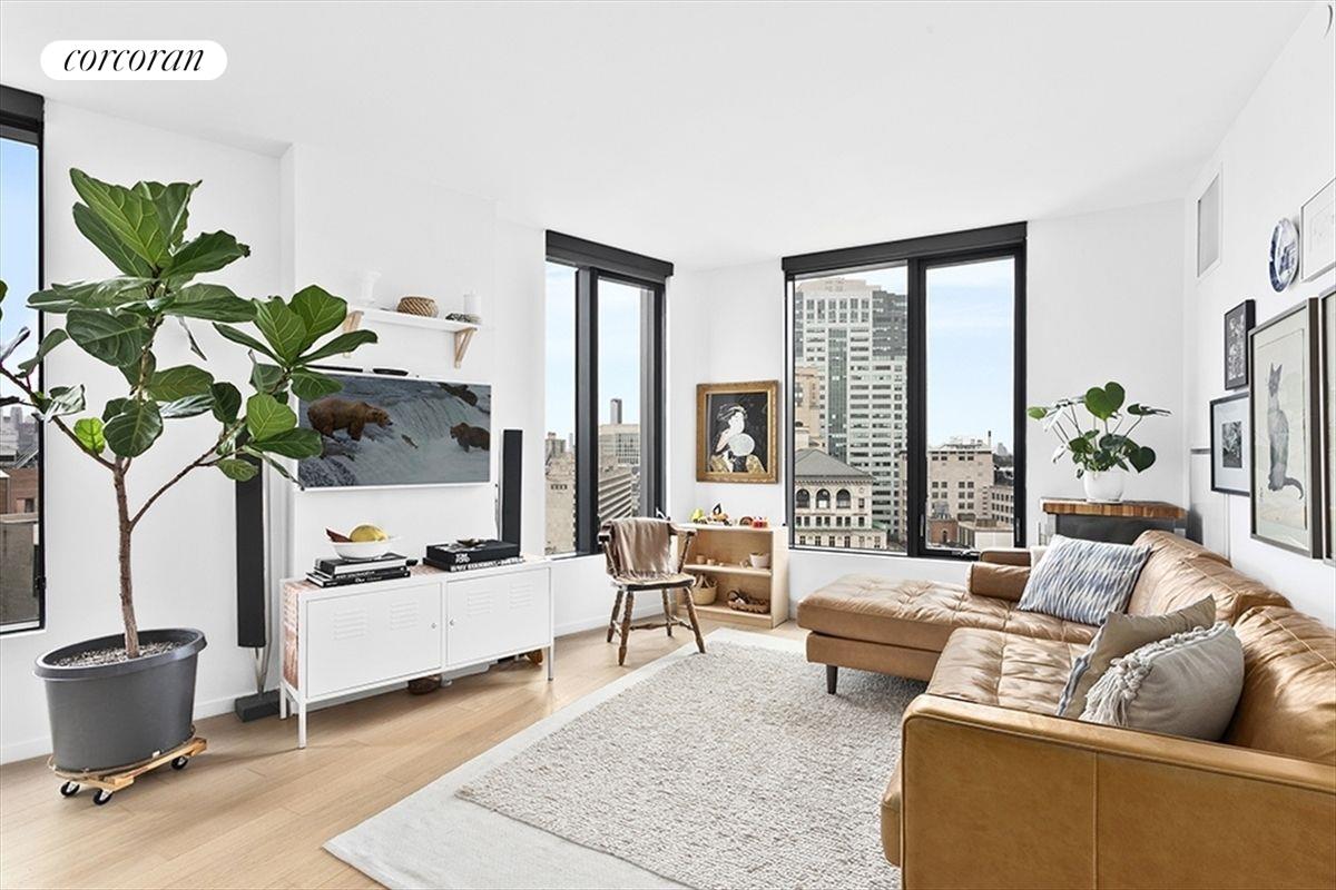 a living room with furniture a potted plant and a large window