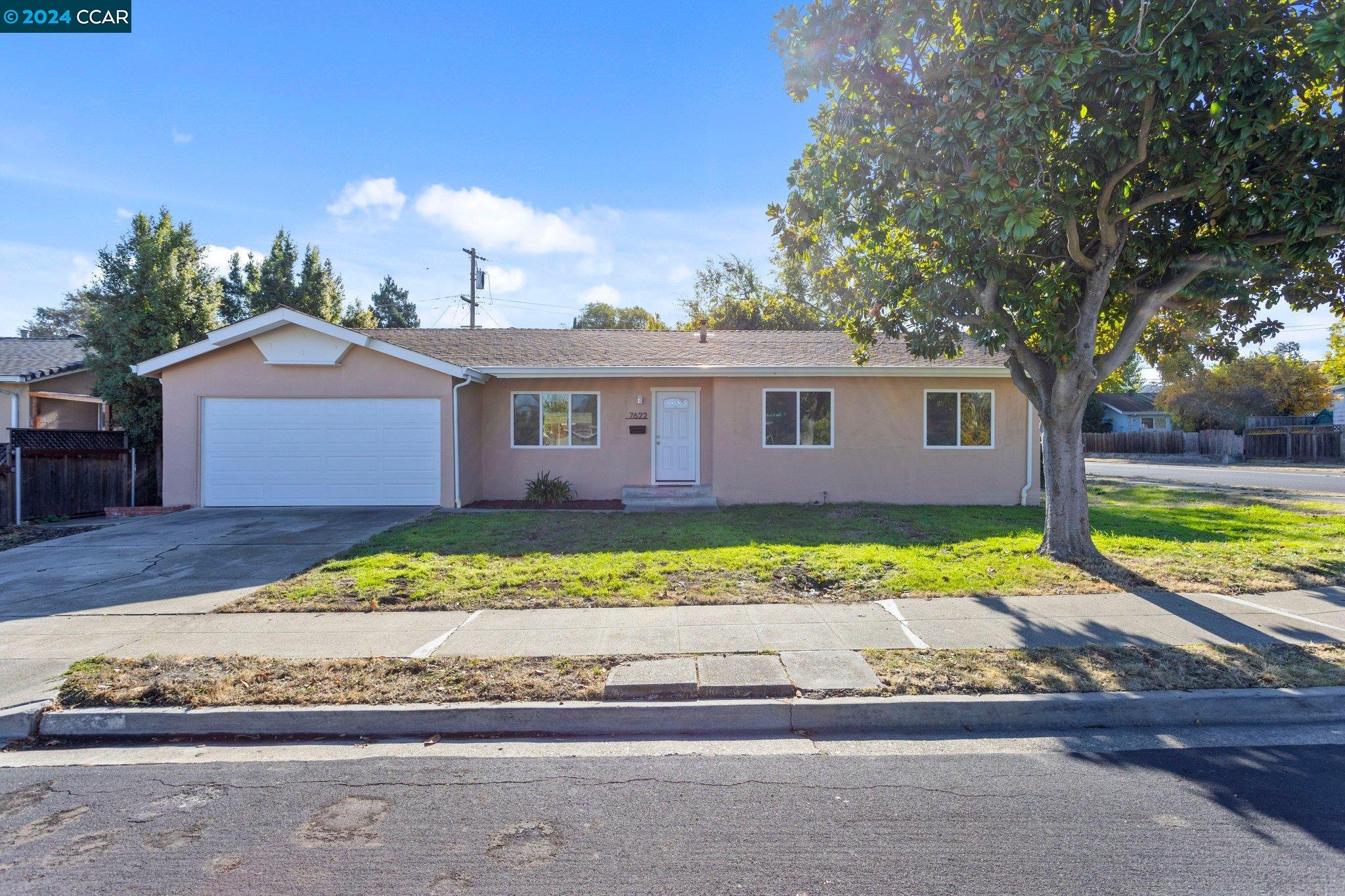 a front view of a house with a yard and trees