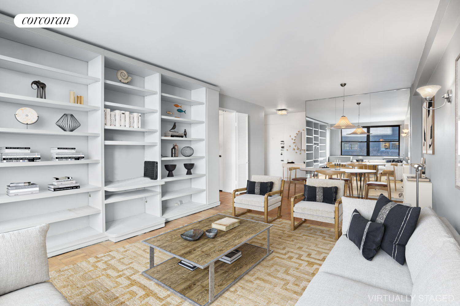 a living room with furniture and a rug