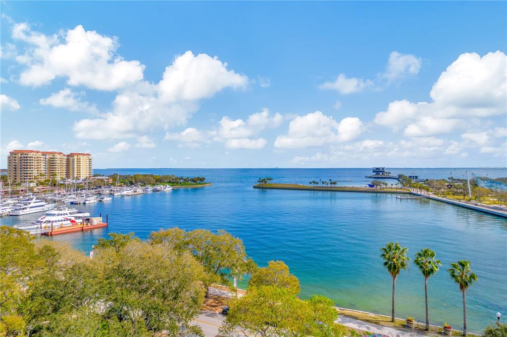 a view of a lake with a city view