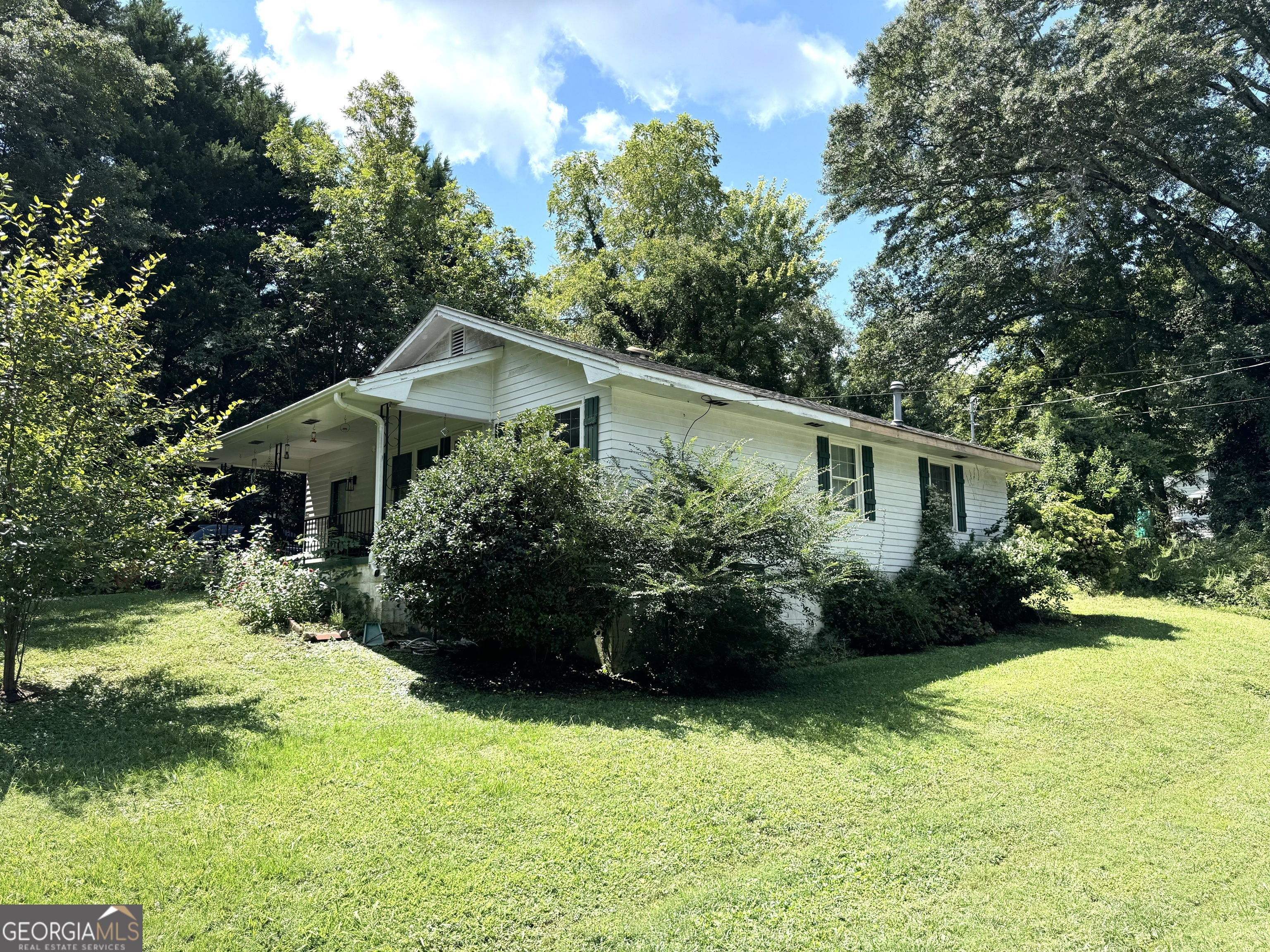 a front view of a house with yard and green space