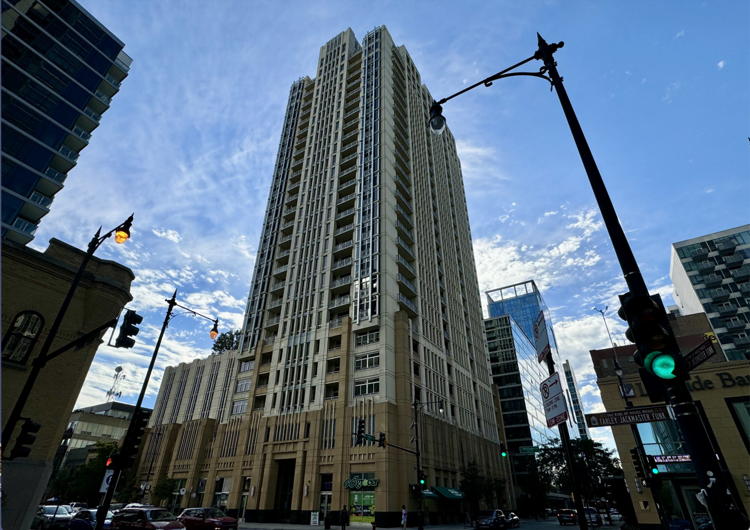 a view of a multi story buildings