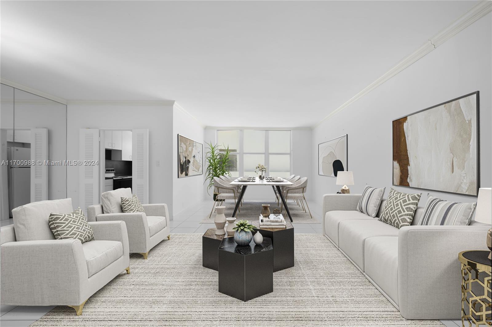 a living room with furniture and white walls