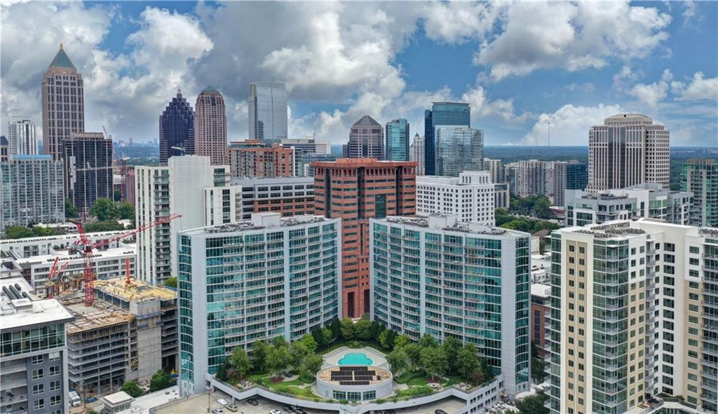 a city view with tall buildings