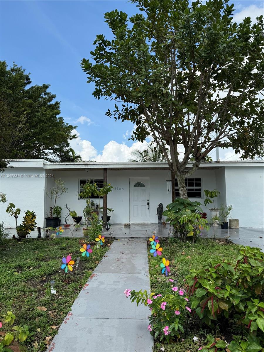 a front view of a house with a yard and potted plants