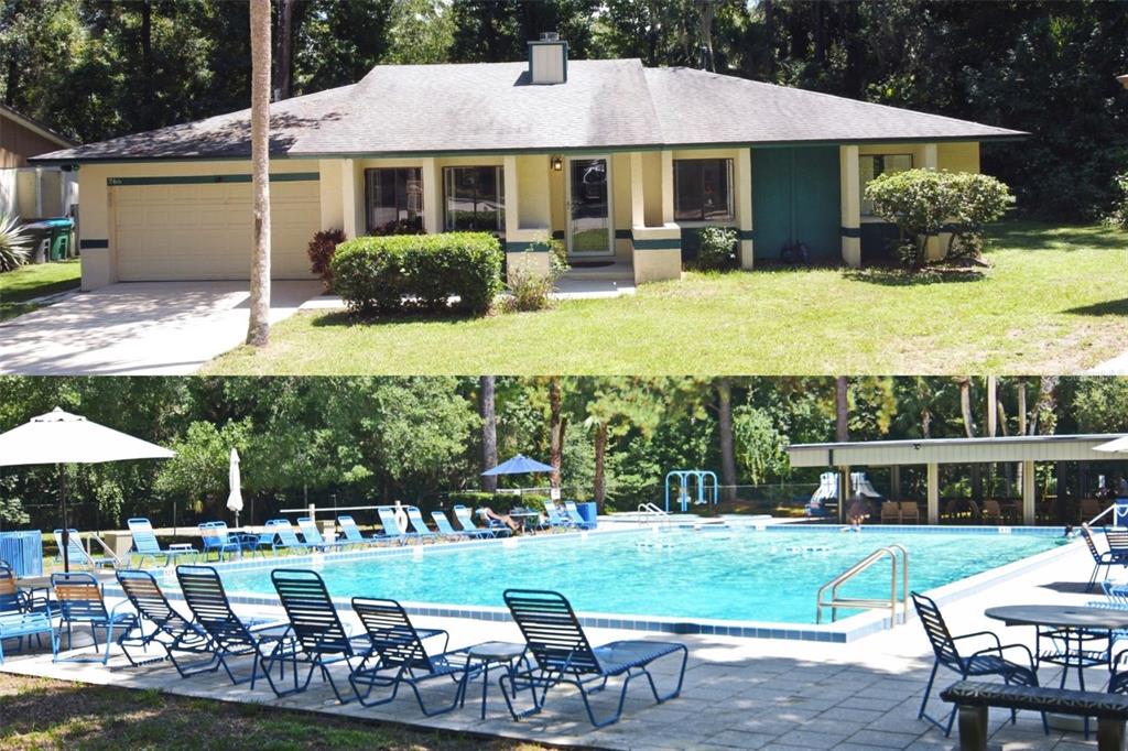 a view of a house with backyard sitting area and swimming pool