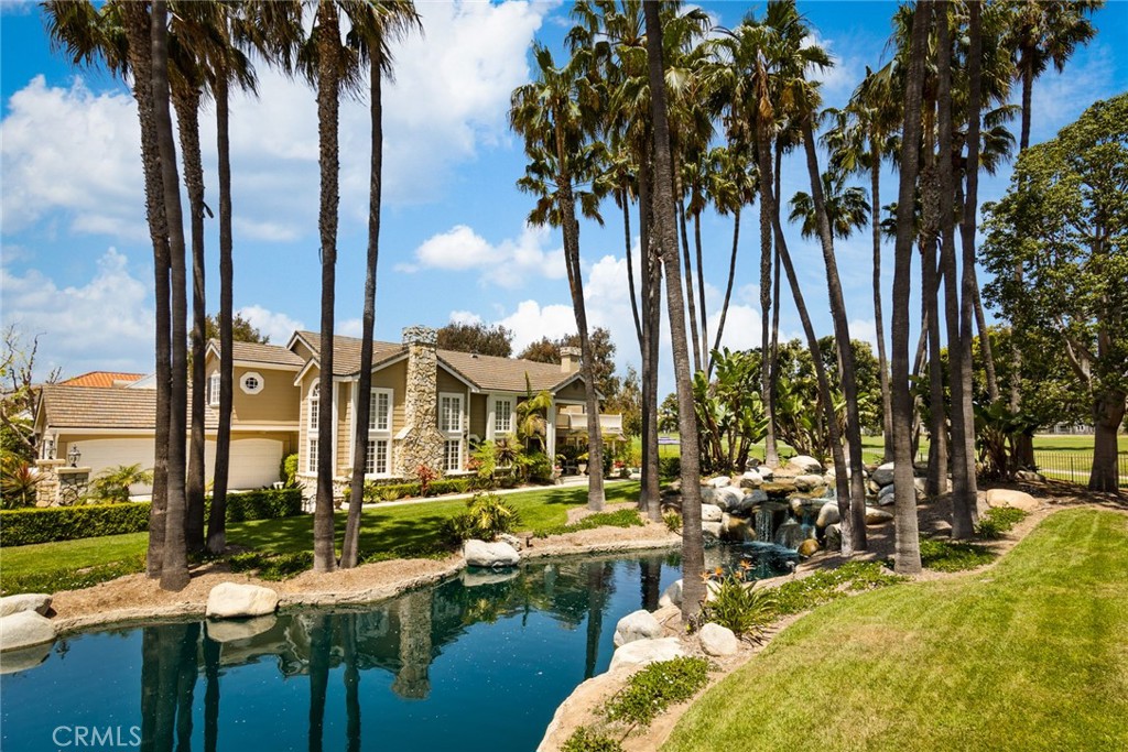 a view of an ocean with palm trees