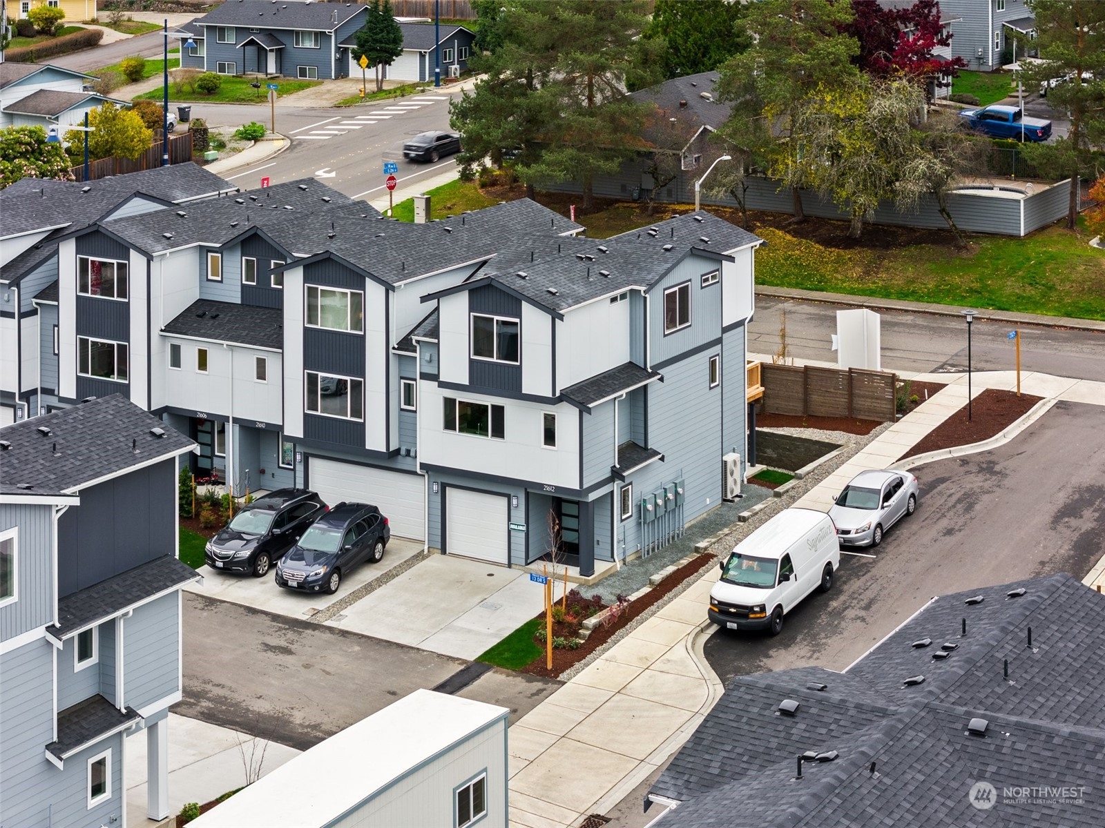 a aerial view of a house with garden