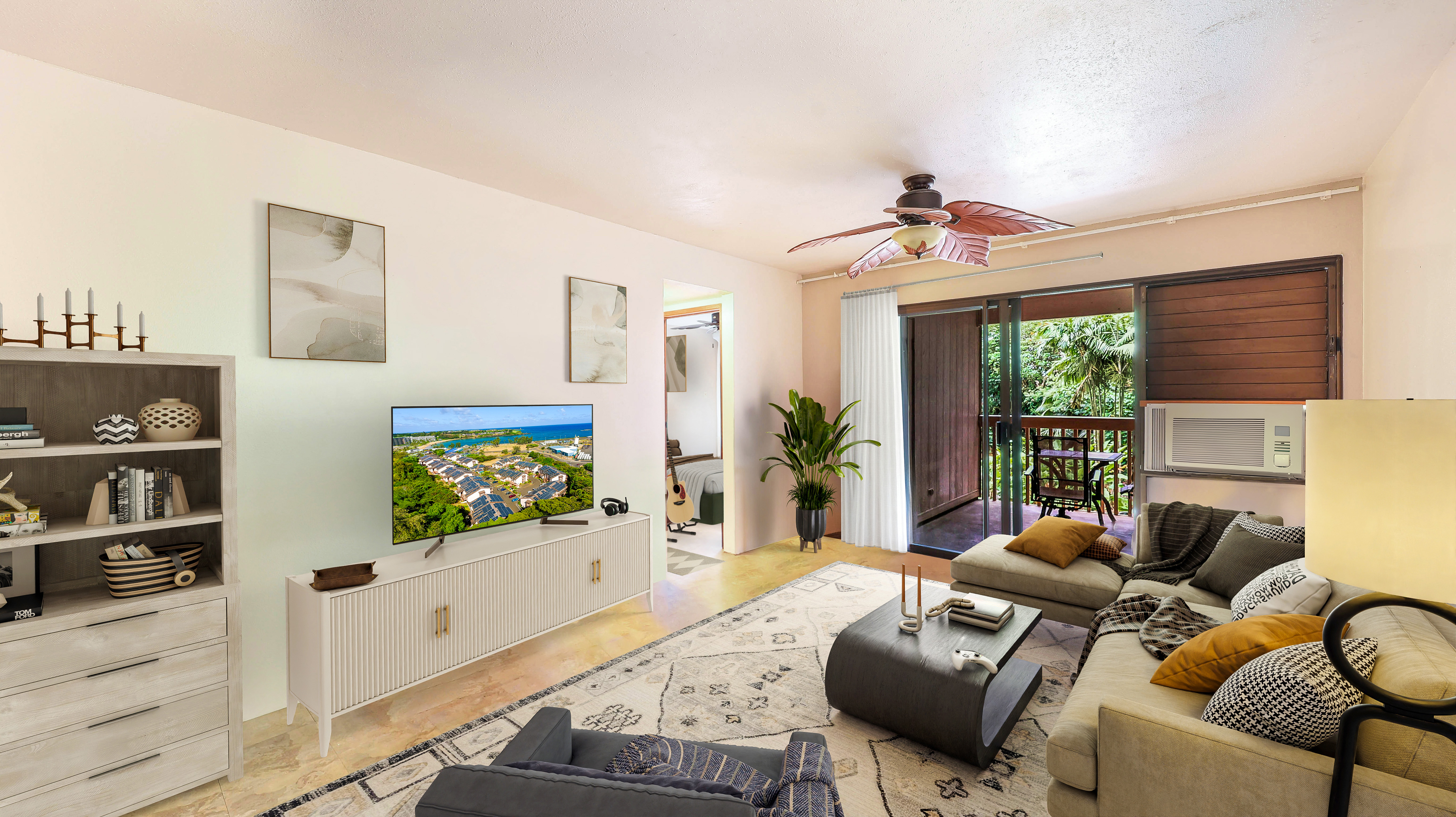 a living room with furniture a flat screen tv and a large window