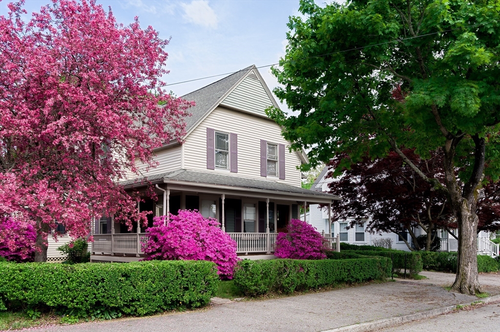 a front view of house with yard and green space