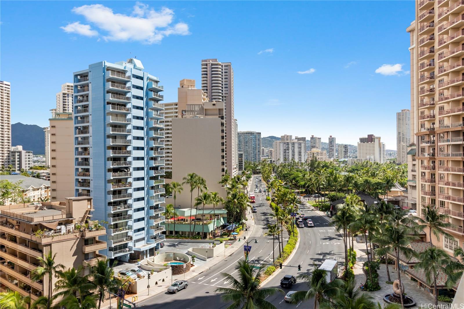 a city view with tall buildings