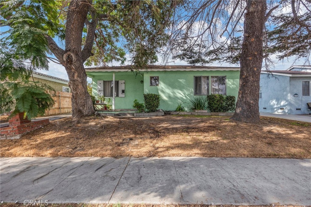 a view of a house with a tree in front of it