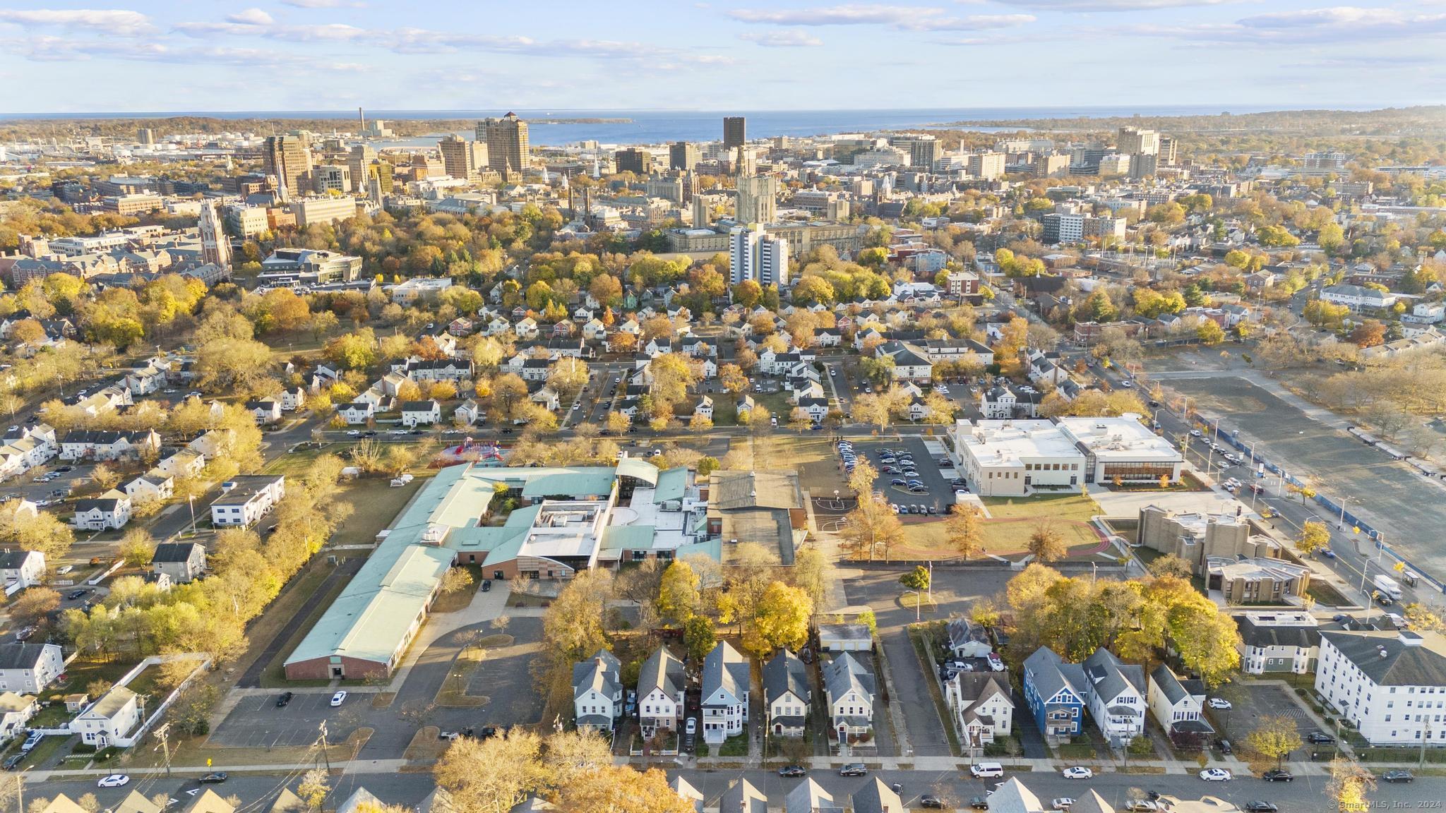 an aerial view of residential houses with city view