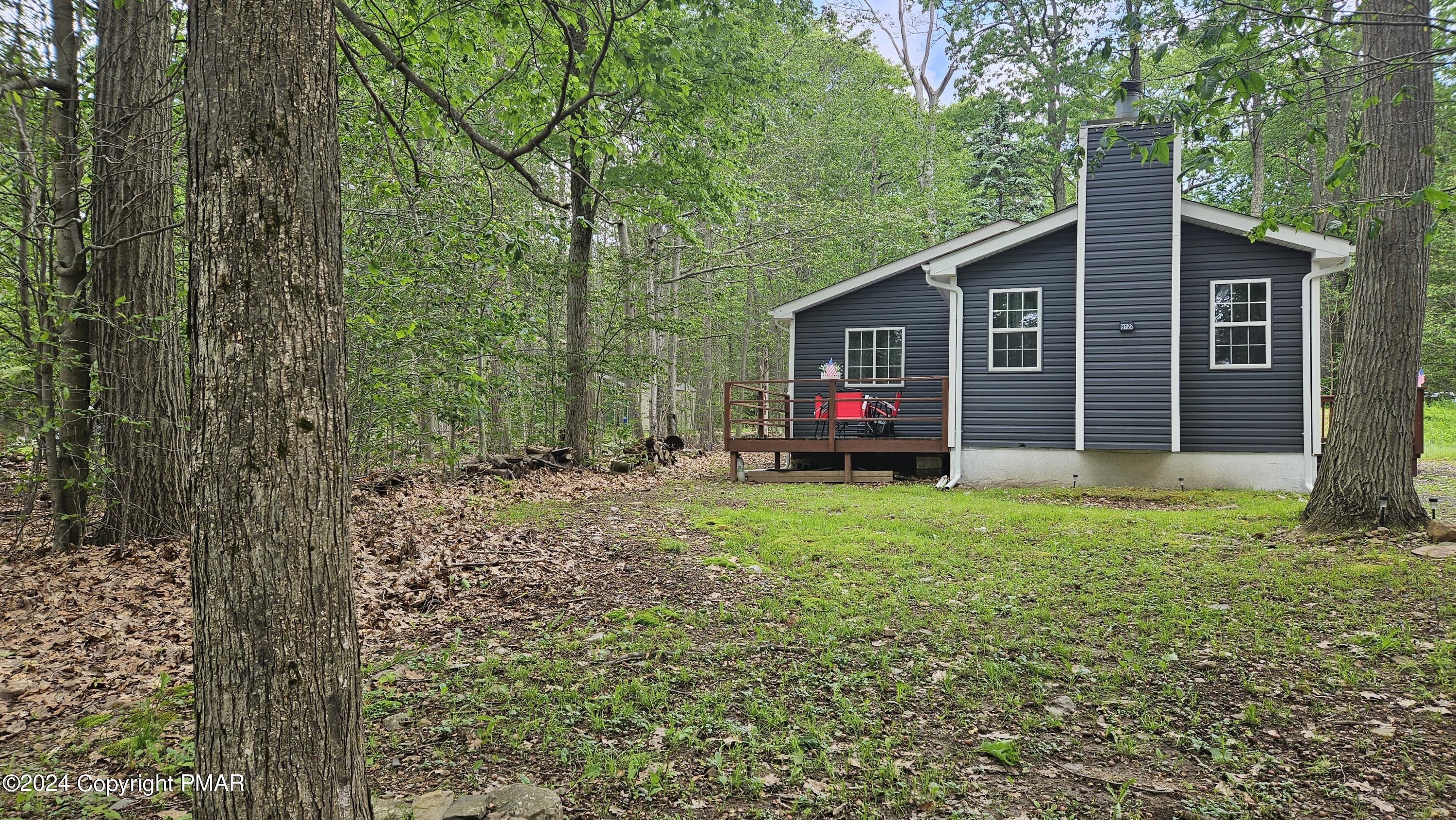 a view of a backyard with a large tree