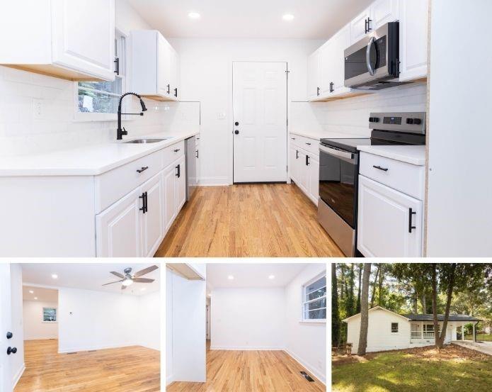 a kitchen with kitchen island granite countertop a sink appliances and cabinets