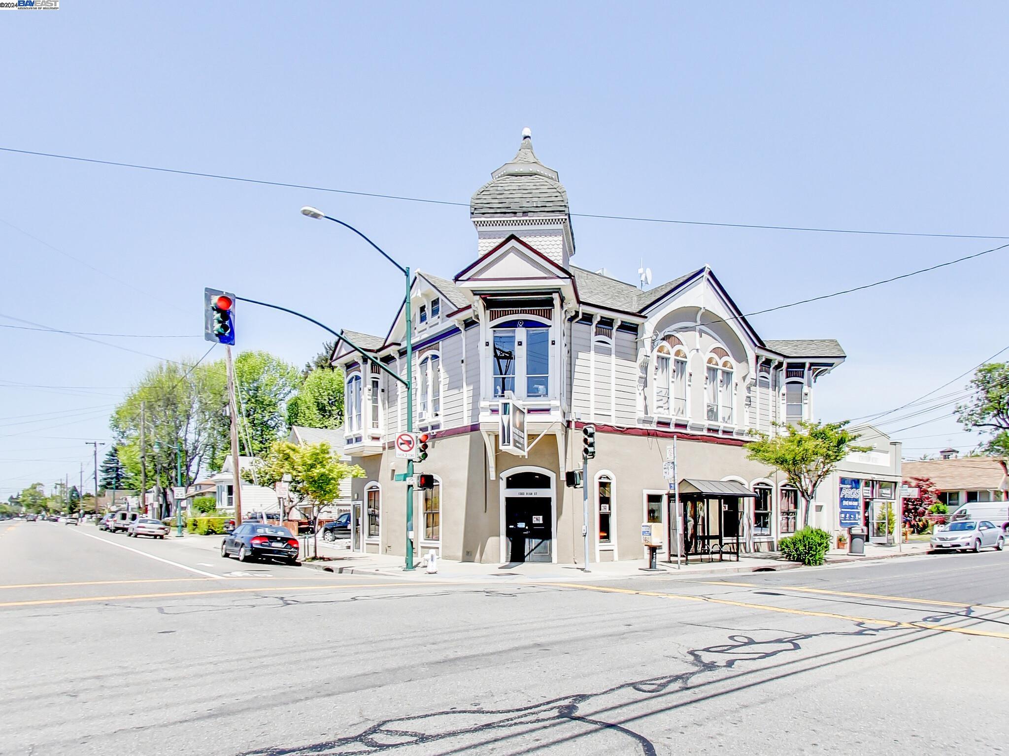 front view of a building with a street