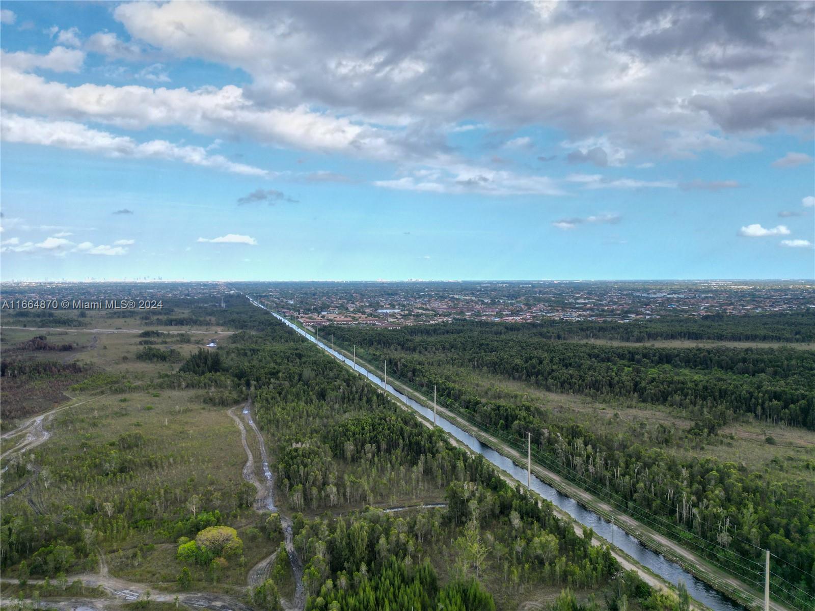 a view of a city with lush green forest