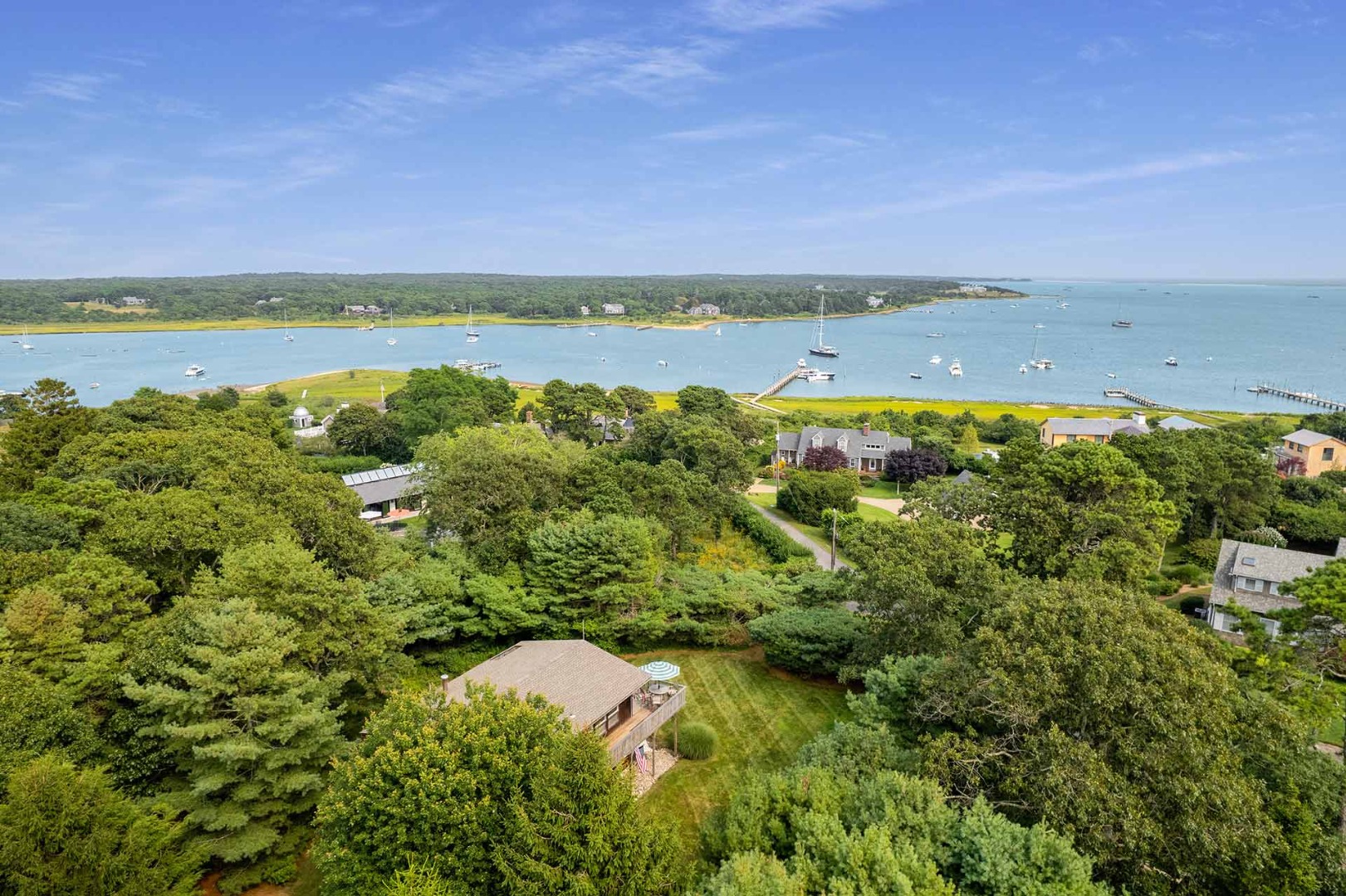 a view of a lake with houses in the back