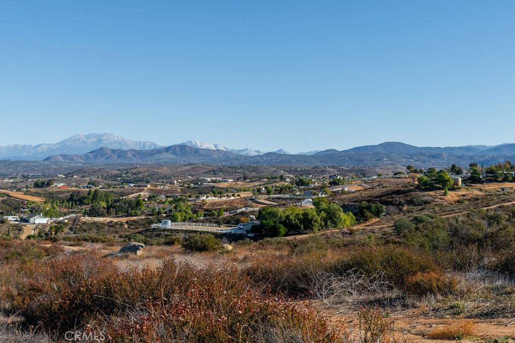 a view of a lush green field with mountains in the background