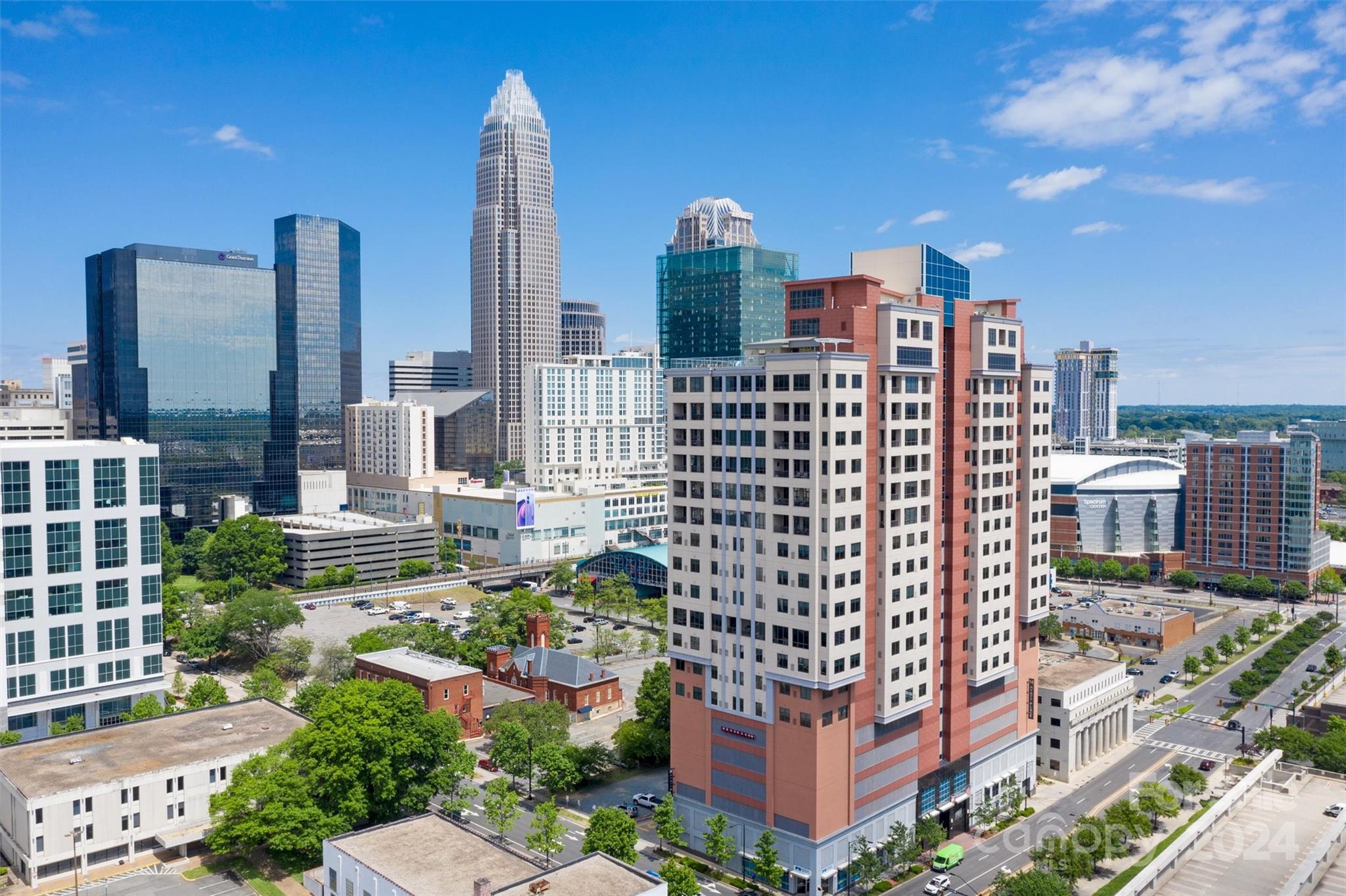 a city view with tall buildings