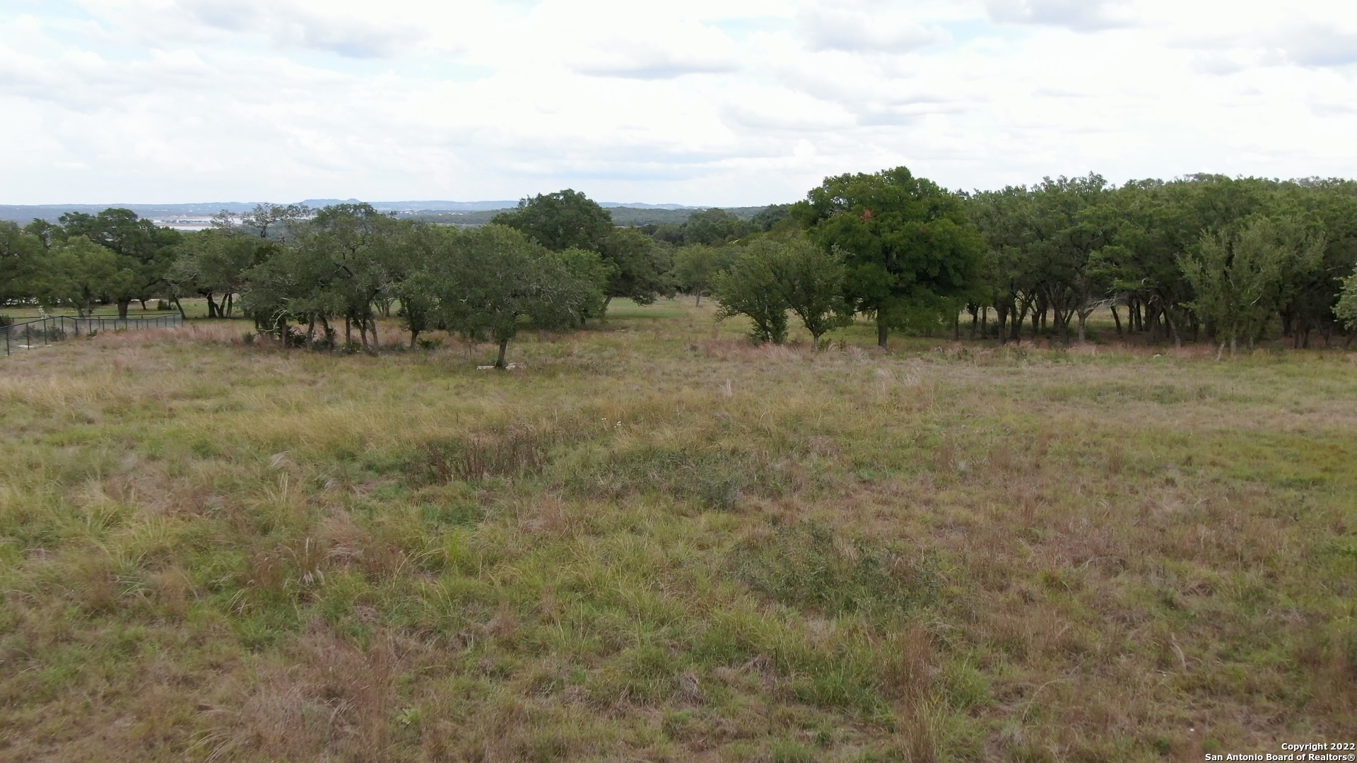 a view of a field with trees in the background