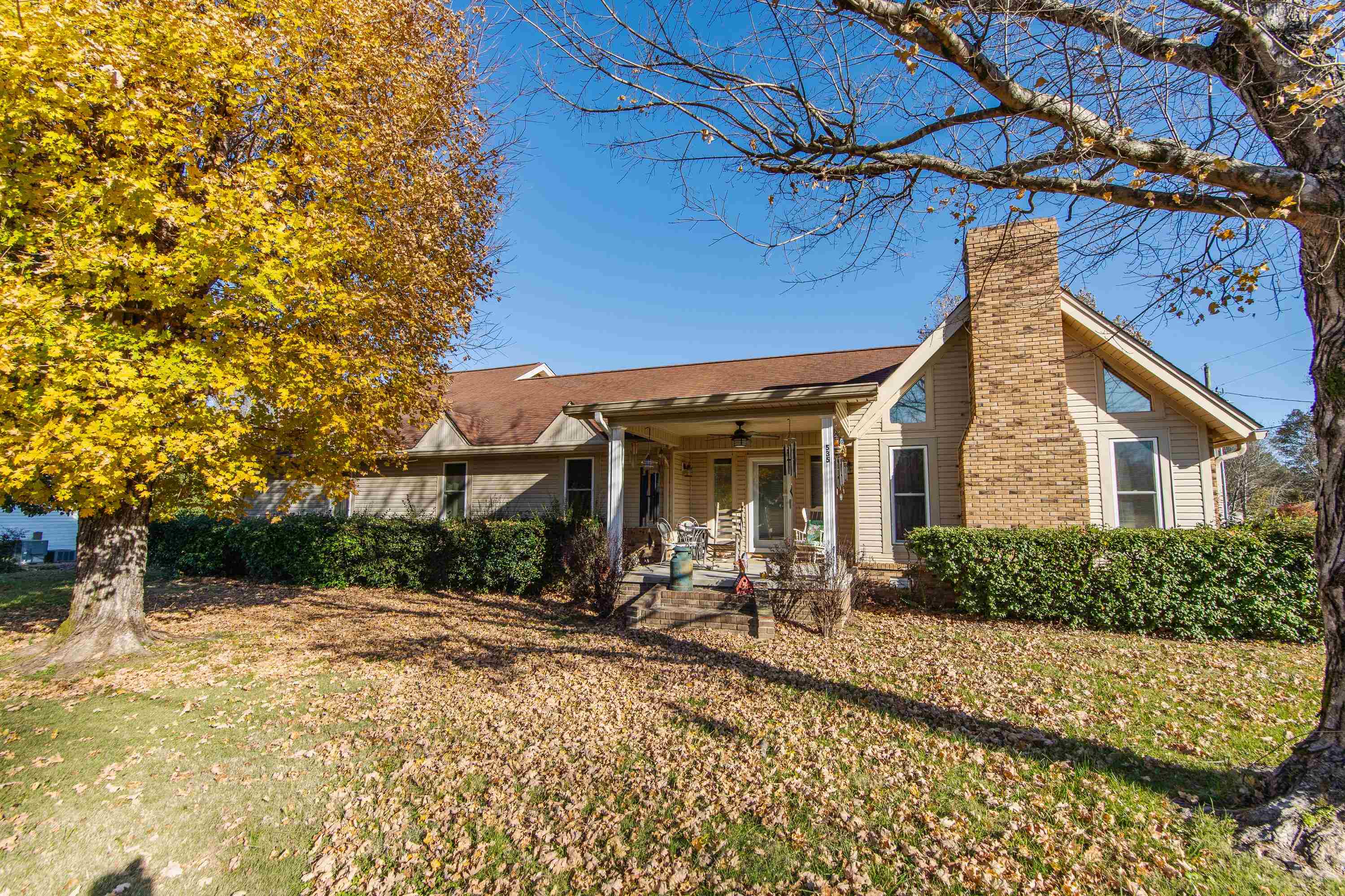 Rear view of property featuring ceiling fan and a lawn