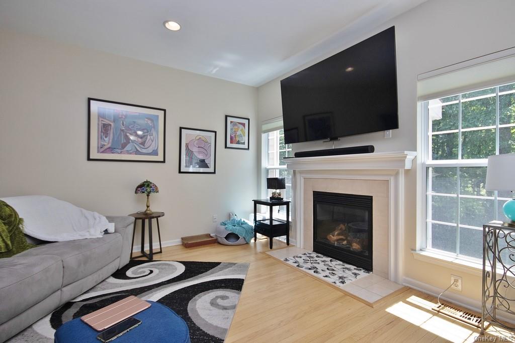 Gas fireplace, light oak floors