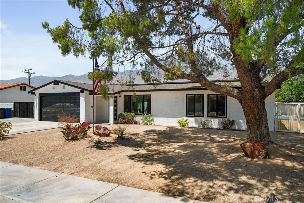 a front view of a house with a tree in front