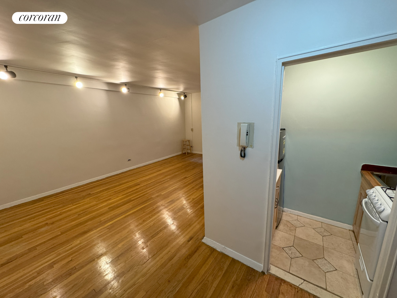 a view of empty room with wooden floor